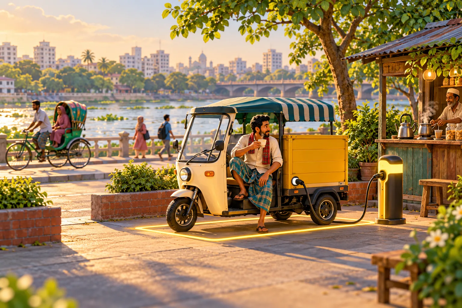 Original AI-generated illustration of a cargo trike stopped on a yellow charging bay beside a riverside tea kiosk