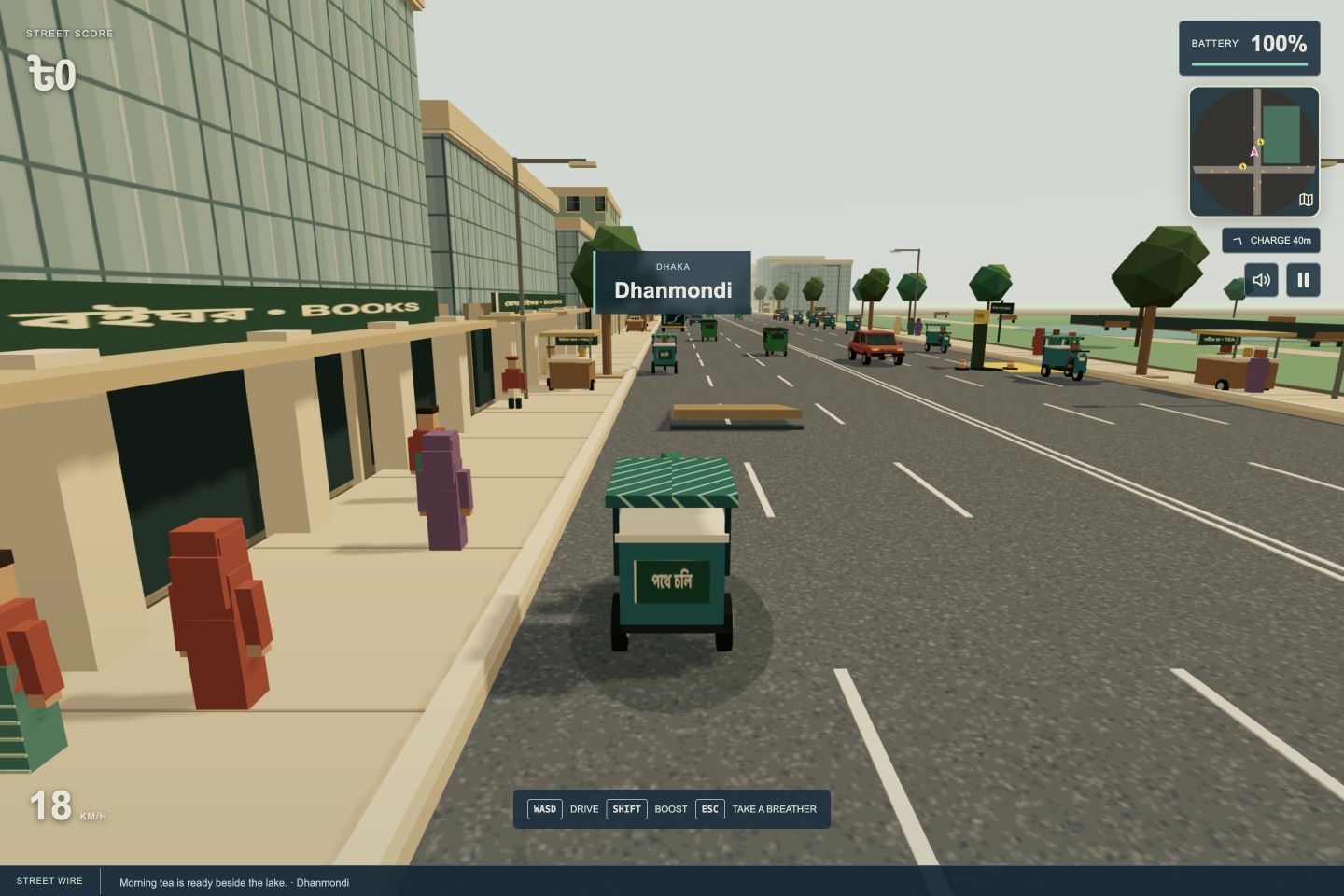 Baper Rasta Dhaka gameplay with an electric trike, green rickshaws, tea kiosks and a riverside garden