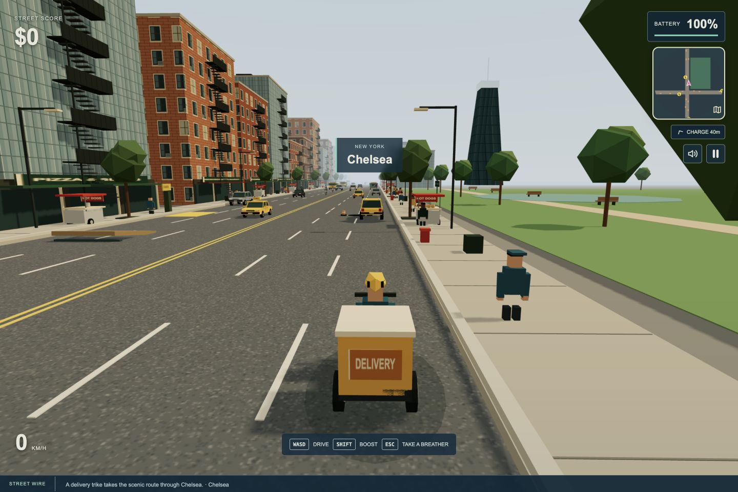 Baper Rasta New York gameplay with yellow taxis, brick blocks, park greenery and a stylized glass tower